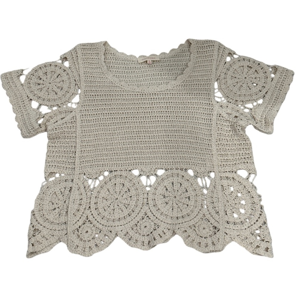 Solitaire Crochet Lace Top XL Boho Scalloped Hem Neutral